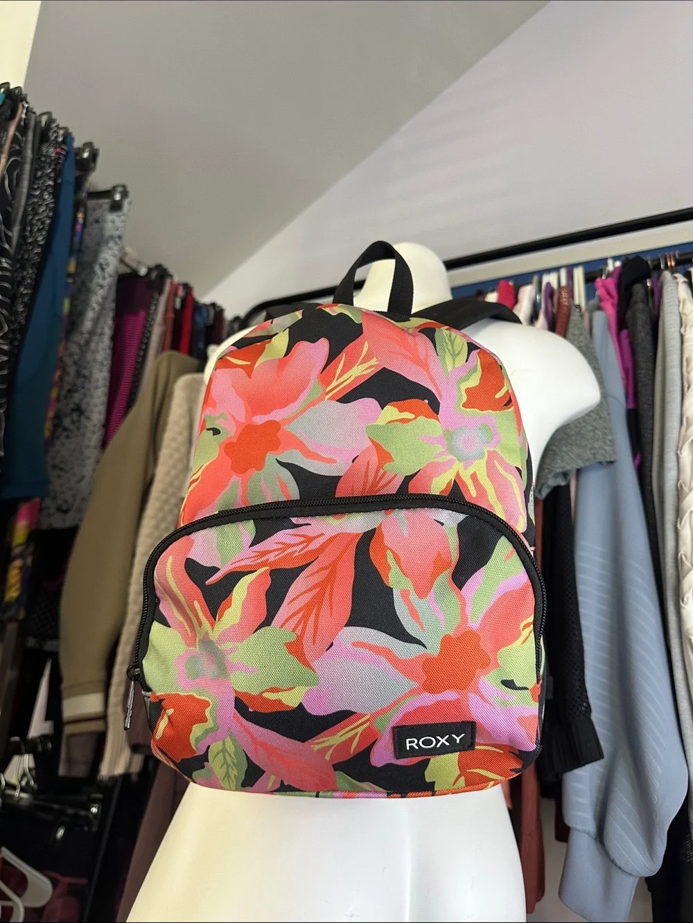 Roxy Floral Canvas Backpack in Black, Pink, Coral and Green